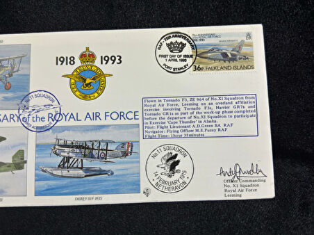 Falkland İslands İngiltere Kraliyet Hava Kuvvetleri 75. yıldönümü İlk Gün Zarfı 19993 75th Ann. of the Royal Air Force FDC Islak İmzalı Limited