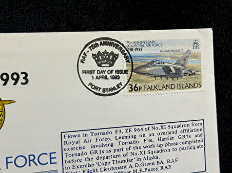 Falkland İslands İngiltere Kraliyet Hava Kuvvetleri 75. yıldönümü İlk Gün Zarfı 19993 75th Ann. of the Royal Air Force FDC Islak İmzalı Limited