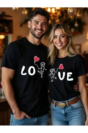 Sevgili Kombini Love Baskılı Çift Tişört Seti Oversize Unisex 2'li Set