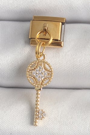 316L Çelik Gold Renk Sallantı Zirkon Taşlı Anahtar Model Nomination Charm - Lisinya