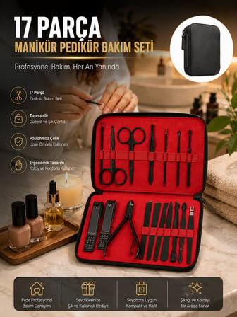 Paslanmaz Çelik 17 Parça Manikür Pedikür Seti ve Taşınabilir Şık Çanta - Lisinya