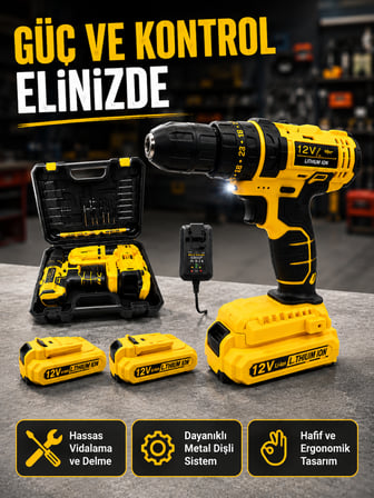 12V Akülü Matkap | 20-30 Nm Tork, Çift Hız Ayarı ve LED Işık - Lisinya