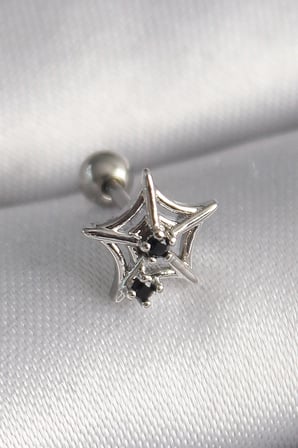 316L Çelik Gümüş Renk Siyah Zirkon Taş Detay Örümcek Ağ Model Tragus Piercing - Lisinya