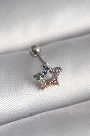 316L Çelik Gümüş Renk Renkli Zirkon Taşlı Yıldız Model Tragus Piercing - Lisinya