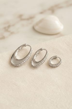 Gümüş Renk Oval Halka Model Zirkon Taşlı 3 lü Küpe Set - Lisinya