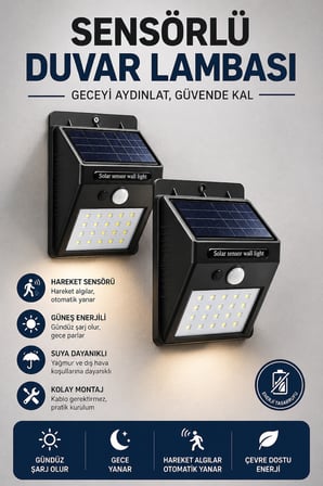 Solar Sensörlü Duvar Lambası Bahçe Lamba 20 Led Işık - Lisinya