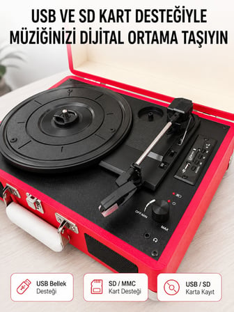 Bluetooth Bağlantılı Portatif Pikap 33 45 78 Devir Dahili Hoparlör ve Şarj Edilebilir Pil - Lisinya