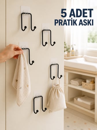 5'li Duvar Tipi Yapışkanlı Askı Pratik Ev ve Yaşam Alanı Askılık Seti - Lisinya