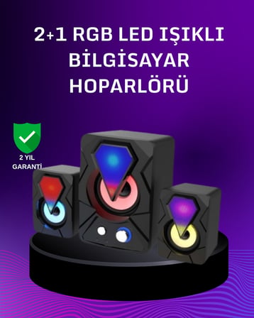 USB Bağlantılı RGB 2.1 Hoparlör Seti Derin Bas ve Renkli Işık - Lisinya