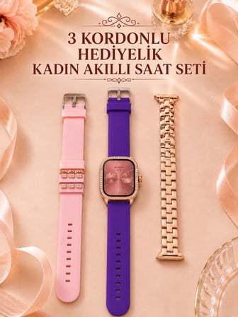 3 Kordonlu Rose Gold Kasalı Kadın Akıllı Saat Seti - Lisinya