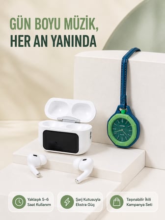 Ekranlı Kablosuz Kulaklık ve Yeşil Çanta Charm Saat Kampanya Seti - Lisinya