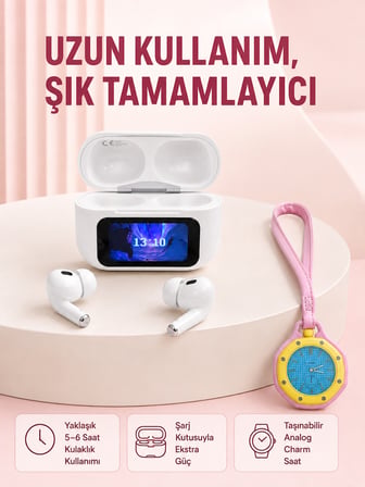 Ekranlı Kablosuz Kulaklık ve Pembe Çanta Charm Saat Kampanya Seti - Lisinya