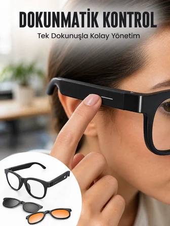 Yapay Zekâ Destekli Bluetooth Gözlük Telefon Görüşmesi Müzik Dinleme Manyetik Şarj ve Açık Kulak Tek