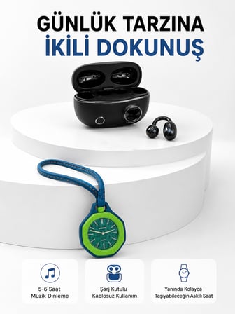 Şarj Kutulu Kablosuz Kulaklık ve Yeşil Askılı Analog Çanta Saati Avantajlı İkili Set - Lisinya