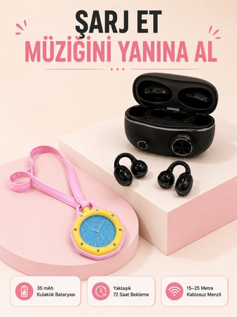 Kablosuz Kulaklık Seti ve Pembe Askılı Analog Charm Saat Günlük Kullanım Kampanyası - Lisinya