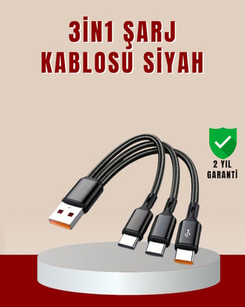 3’ü 1 Arada Hızlı Şarj Kablosu – iOS Android Type-C Uyumlu - Lisinya