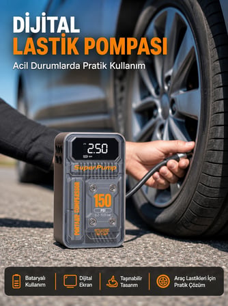 150 PSI Kablosuz Dijital Ekranlı Taşınabilir Araç Lastik Pompası - Lisinya