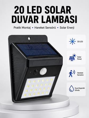 Su Geçirmez IP65 20 LED Solar Sensörlü Bahçe ve Veranda Aydınlatma Yeni Nesil - Lisinya