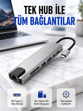Alüminyum Gövdeli Type‑C HDMI & Ethernet Adaptör – Tak & Çalıştır - Lisinya