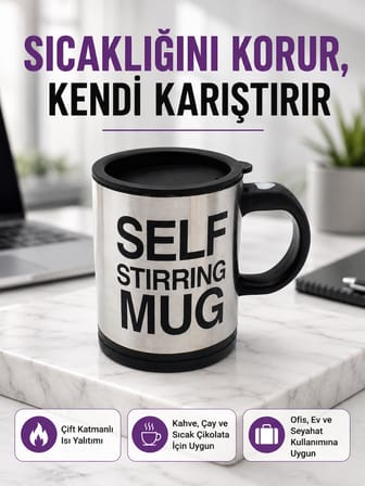 Pratik ve Dayanıklı Termos Kupa | Tek Tuşla Otomatik Karıştırma - Lisinya