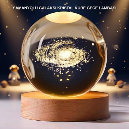 Samanyolu Desenli Kristal Küre Ahşap Standlı Gün Işığı LED Masa Lambası - Lisinya