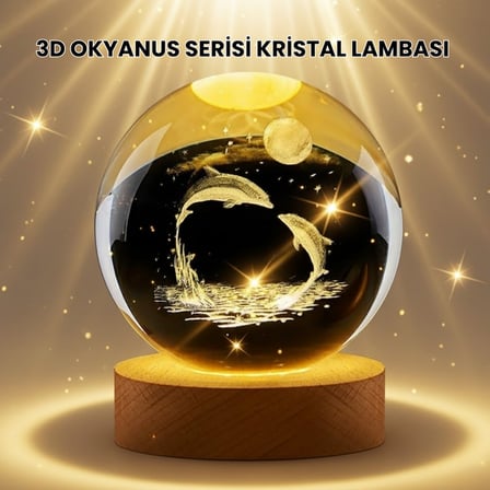 Lazer İşlemeli Yunus Kristal Küre Sıcak Işıklı Ahşap Standlı - Lisinya