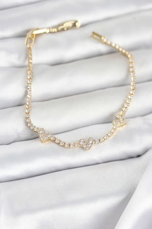 Pirinç Gold Renk Kalp Model Zirkon Taşlı Su Yolu Kadın Bileklik - Lisinya