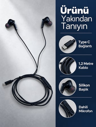 Silikon Uçlu Type C Kulaklık Dahili Mikrofon ve Kablo Üzeri Kumanda - Lisinya