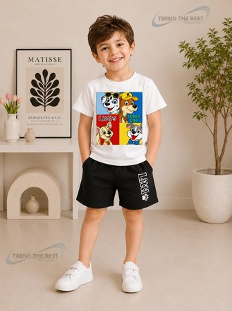 Yazlık Littl Furry Dog Dörtlü Baskılı Unisex Kız Erkek Çocuk Siyah Şort, Beyaz T-Shirt Takım