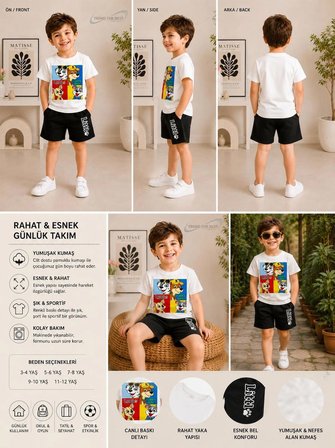 Yazlık Littl Furry Dog Dörtlü Baskılı Unisex Kız Erkek Çocuk Siyah Şort, Beyaz T-Shirt Takım