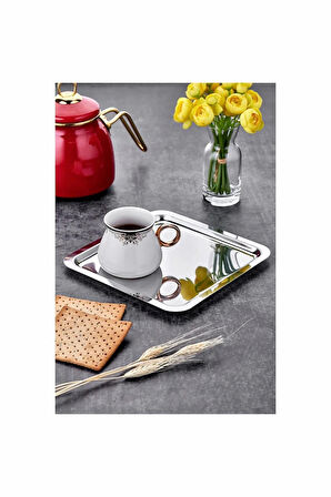 2 Adet Lüx Kare Paslanmaz Çelik Gümüş Renk 21x21cm Kahve Servis Sunum Tepsisi & tabağı