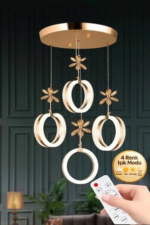 Aurea Model 4'lü Gold Kumandalı 3 Renk Modu Ledli Kristal Taşlı Modern Salon Mutfak Oturma Odası Led Avize