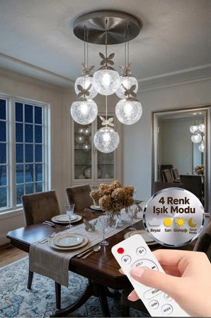 Küre Model 6"lı Kumandalı Gümüş 3 Renk Modu Ledli Kristal Taşlı Modern Salon Mutfak Oturma Odası Led Avize