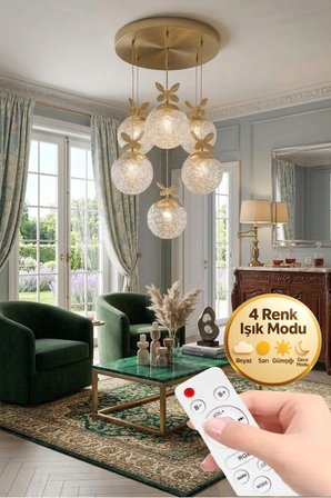 Küre Model 6"lı Kumandalı Gold 3 Renk Modu Ledli Kristal Taşlı Modern Salon Mutfak Oturma Odası Led Avize