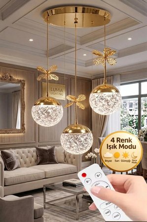 Küre Model 3'lü Gold Kumandalı 3 Renk Modu Ledli Kristal Taşlı Modern Salon Mutfak Oturma Odası Led Avize