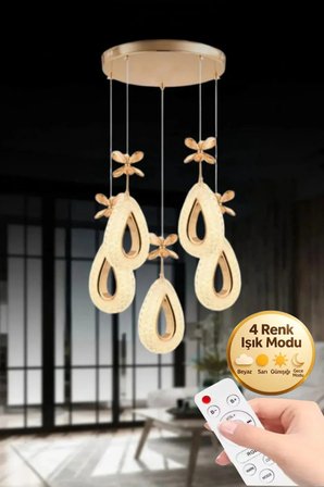 Damla Model 51li Gold Kumandalı 3 Renk Modu Ledli Kristal Taşlı Modern Salon Mutfak Oturma Odası Led Avize