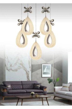 Damla Model 6'lI Gümüş Kumandalı 3 Renk Modu Ledli Kristal Taşlı Modern Salon Mutfak Oturma Odası Led Avize