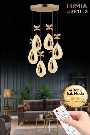 Damla Model 6'lı Gold Kumandalı 3 Renk Modu Ledli Kristal Taşlı Modern Salon Mutfak Oturma Odası Led Avize