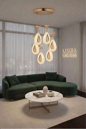 Damla Model 6'lı Gold Kumandalı 3 Renk Modu Ledli Kristal Taşlı Modern Salon Mutfak Oturma Odası Led Avize