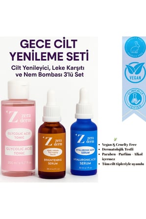3’lü Gece Cilt Yenileme Seti | Glikolik Tonik + Leke Serumu + Hyaluronik Asit