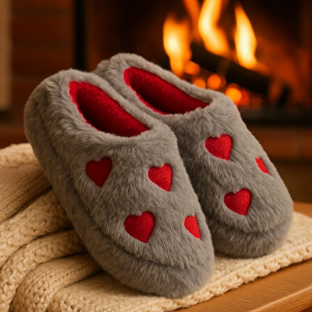 Kadın Peluş Tüylü Kalpli Rahat Ev Botu Pandufu Terlik