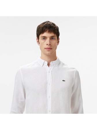 Lacoste Erkek Regular Fit Düğmeli Yaka Keten Beyaz Gömlek