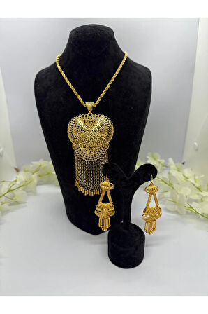 22 Ayar Altın Kaplama Hint Motifli Set Kolye Ve Küpe Lvd527