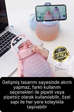 Askılı 1.3 Lt Pipetli Kilitli Sızdırmaz Kapak Tutacaklı Çift Renk Motivasyon Suluk Matara Kamp Okul