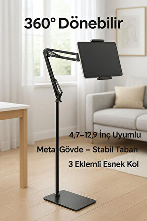 360° Döner Tablet ve Telefon Standı – 4,7-12,9 İnç Uyumlu, 3 Eklemi Esnek Kol, Metal Gövde ve Stabil Taban
