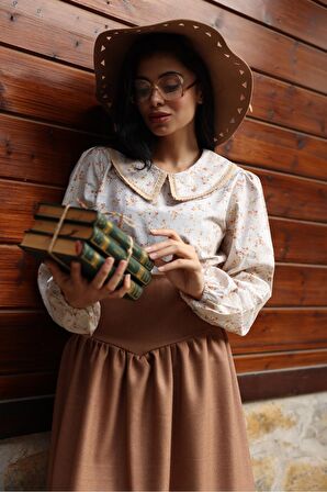Vintage Krem-Kahve Çiçekli Bebe Yaka Dantelli Poplin Bluz