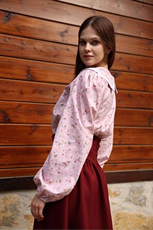 Vintage Pembe-Bordo Çiçekli Bebe Yaka Dantelli Poplin Bluz