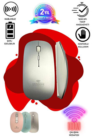 Tablet Telefon Laptop Windows Uyumlu Kablosuz Şarjlı Mouse Gri