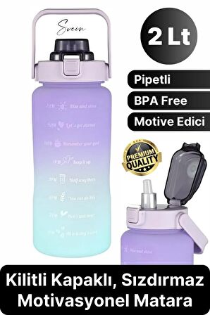 Premium 2 Lt Pipetli Kilitli Sızdırmaz Kapaklı Tutma Saplı Motivasyon Suluk Matara Sporcu Su Şişesi