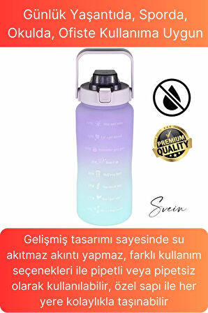 Premium 2 Lt Pipetli Kilitli Sızdırmaz Kapaklı Tutma Saplı Motivasyon Suluk Matara Sporcu Su Şişesi